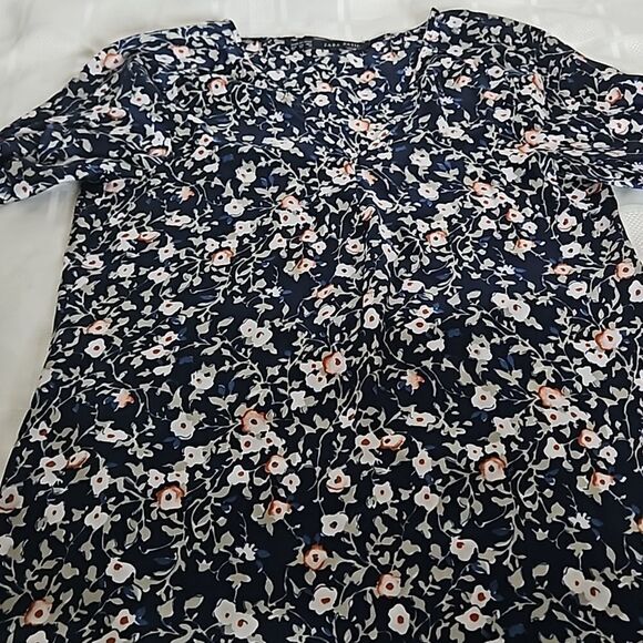 Zara Floral Short Sleeves Top XS Navy Blue - Picture 11 of 16